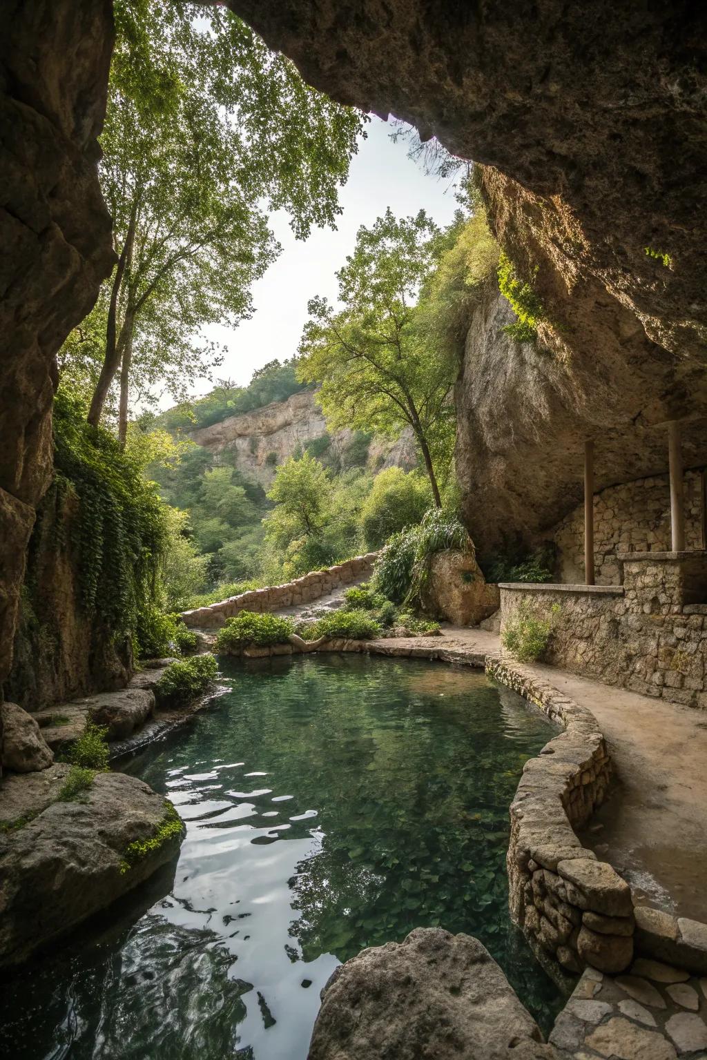 A natural pool adds a refreshing feature to this tranquil grotto.