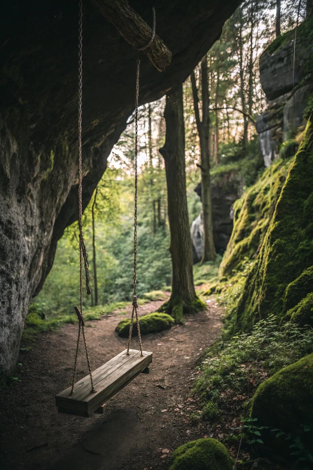 A swing adds a playful and relaxing element to the grotto.