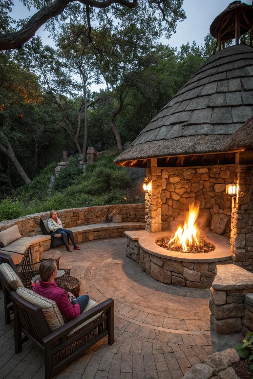 A cozy fire pit provides warmth and ambiance in this inviting grotto.