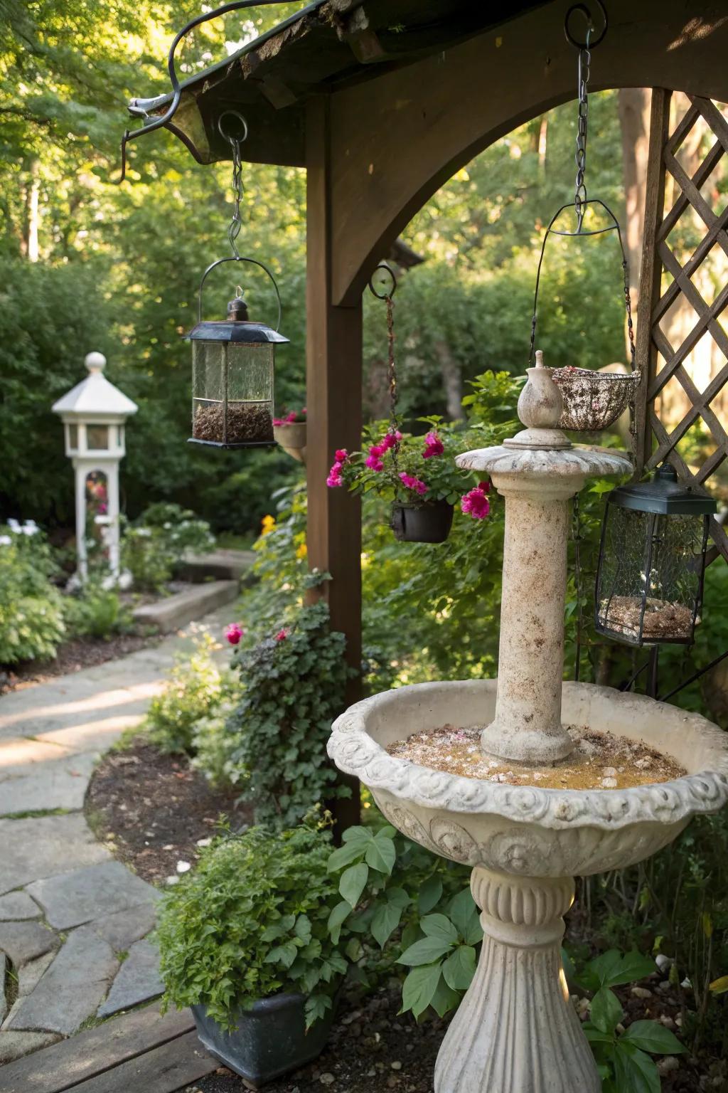 Bird-friendly features invite avian visitors to the grotto.