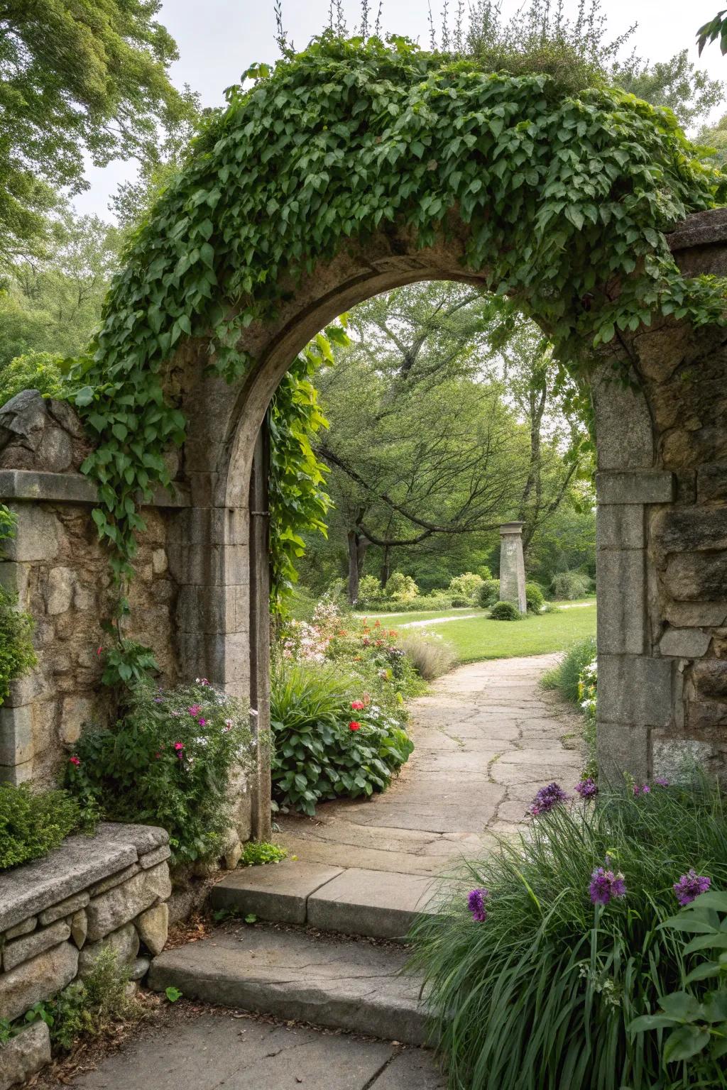A stone archway invites you into the seclusion of this outdoor grotto.