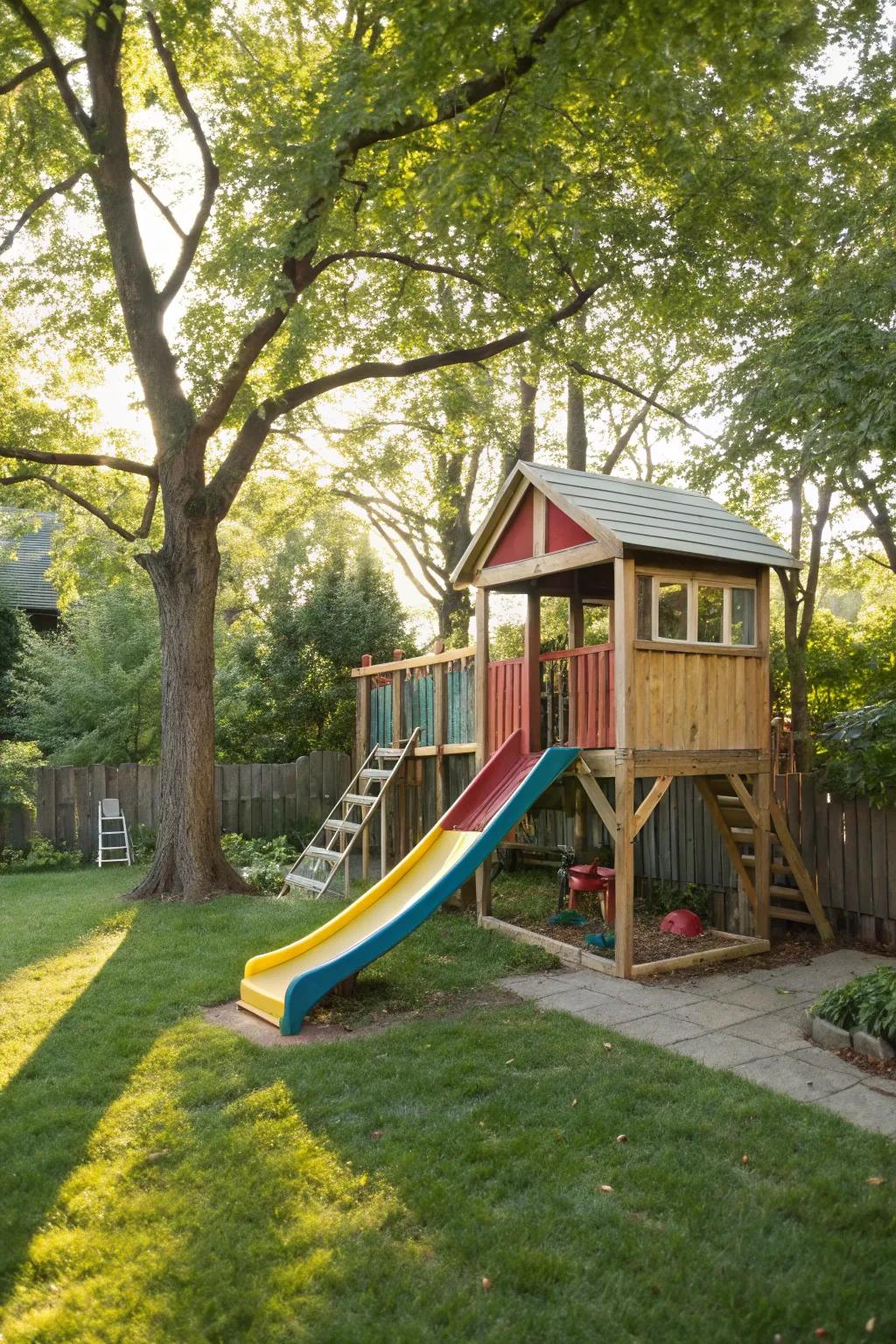 A fun backyard fort with a slide for adventurous play.