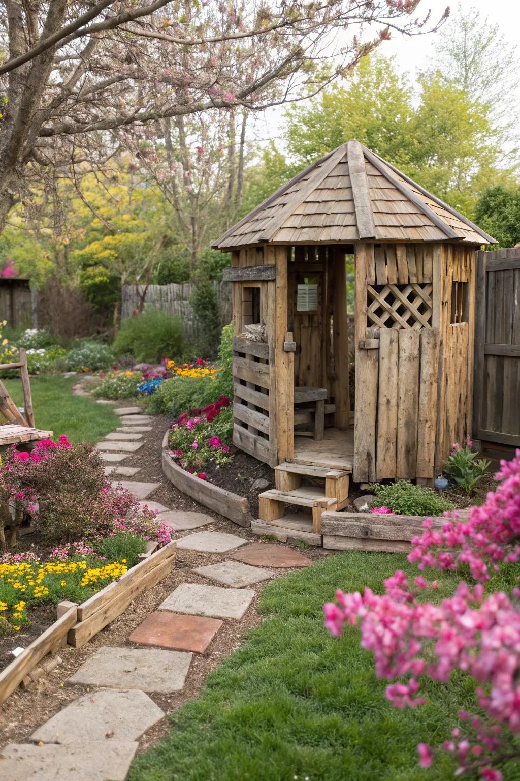 A DIY pallet fort for a rustic backyard atmosphere.