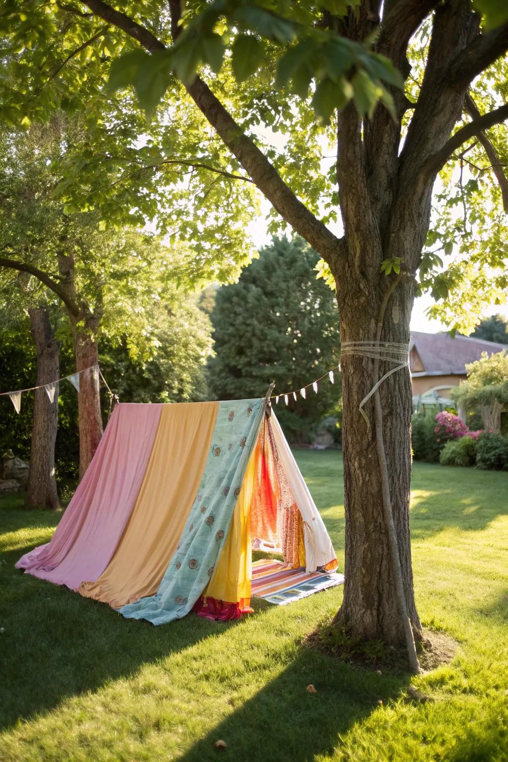 A vibrant fabric tent fort for an instant backyard hideaway.
