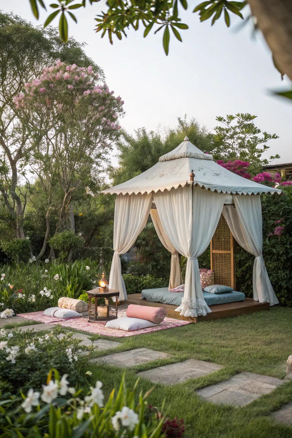 A zen meditation fort for peaceful garden retreats.