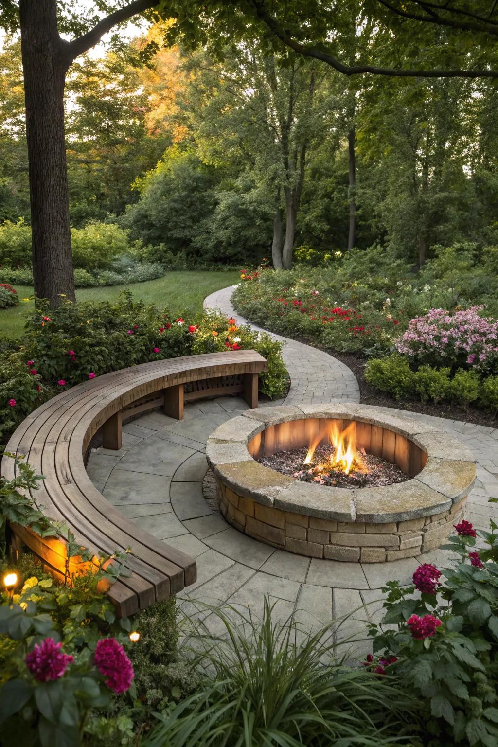 Circular bench seating creates a welcoming atmosphere around the fire pit.