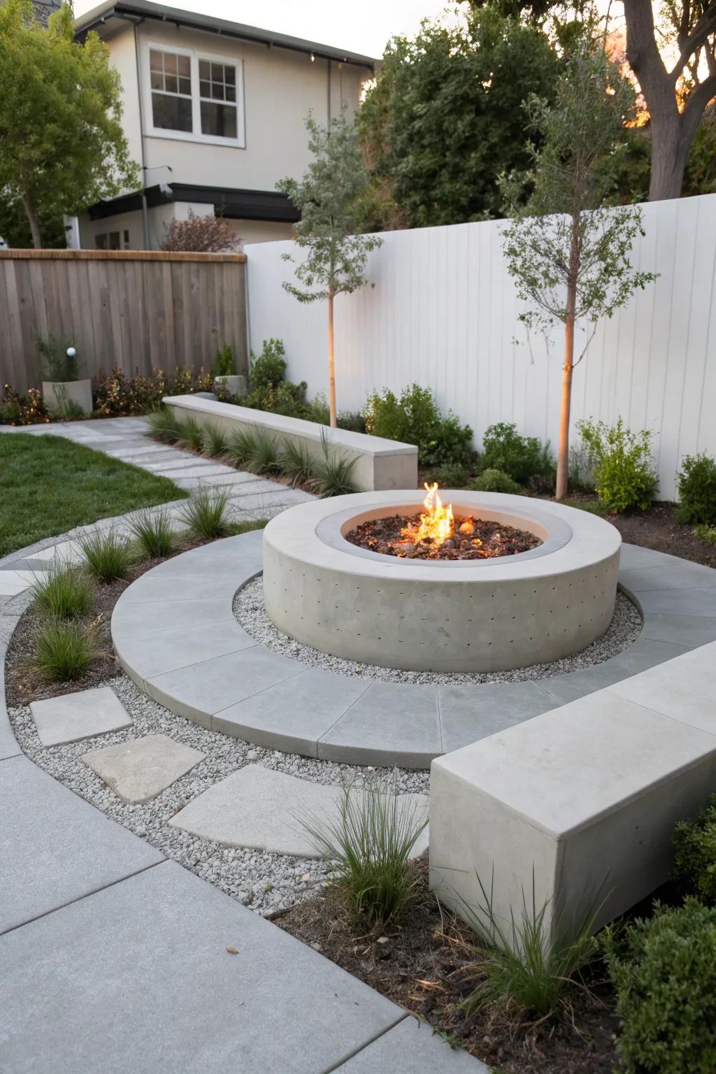 A sleek concrete fire pit set in a modern, minimalist garden.
