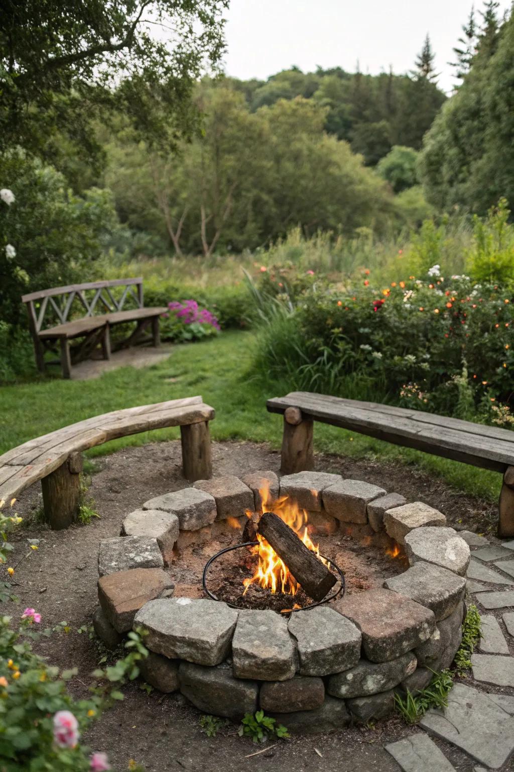 A rustic stone circle fire pit surrounded by wooden benches, creating a harmonious natural retreat.