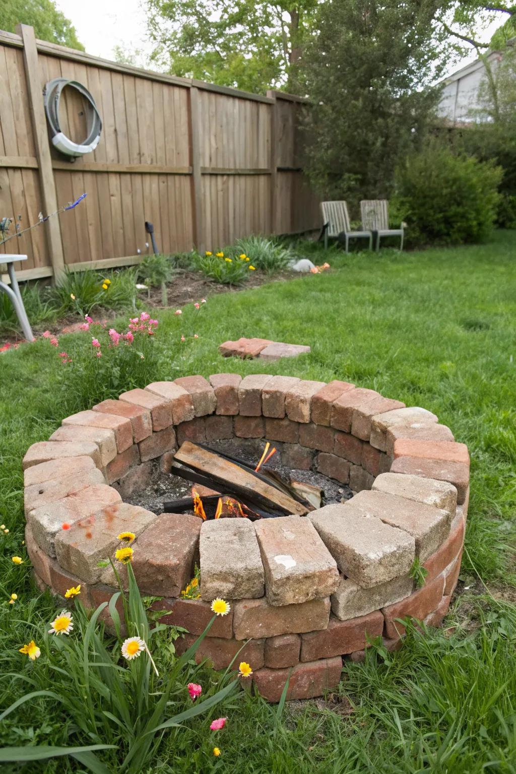 A DIY fire pit made from upcycled bricks offers a personal and creative touch.