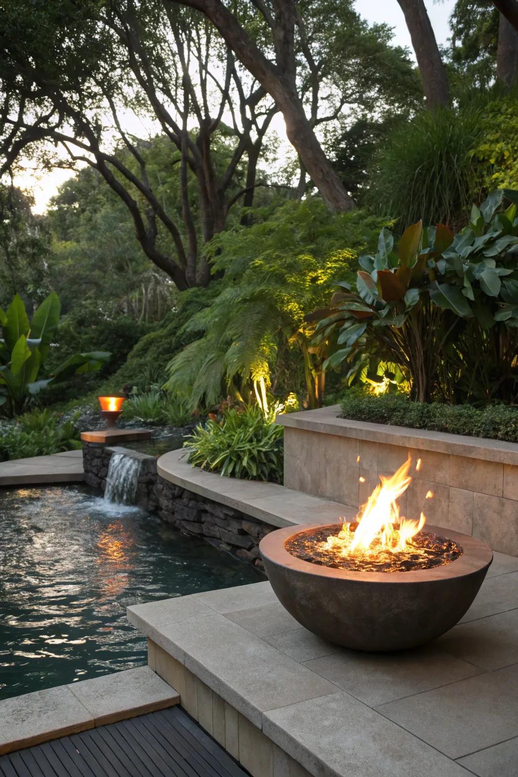 A stunning combination of fire and water creates a dynamic outdoor retreat.