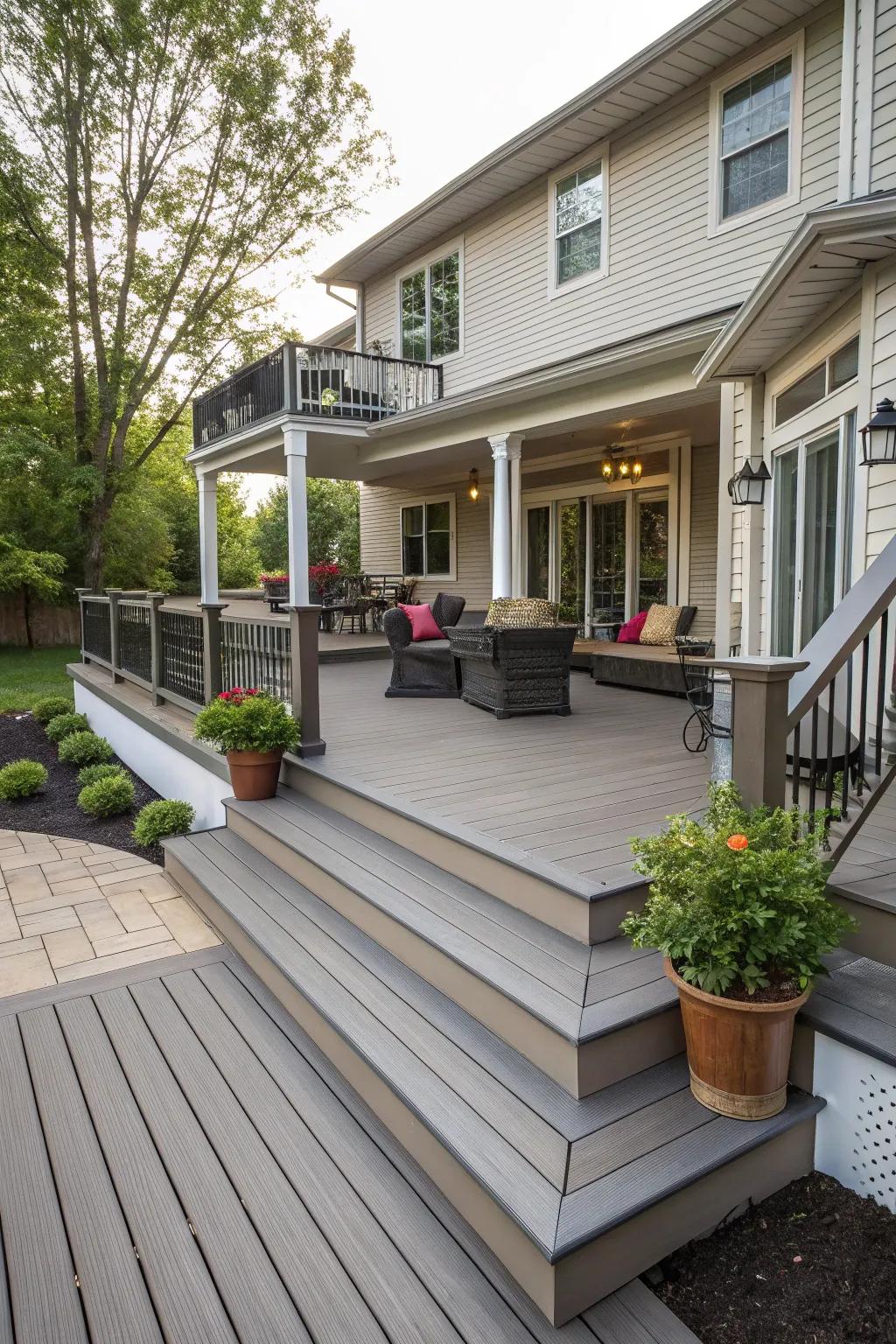 Create depth and interest with multi-level porch decking.