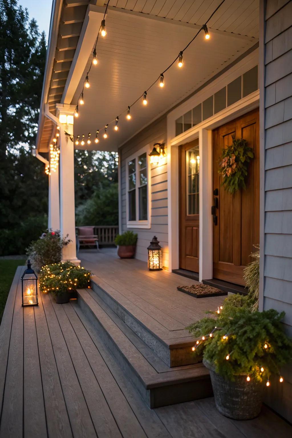 Create a magical ambiance with warm lighting on your porch.