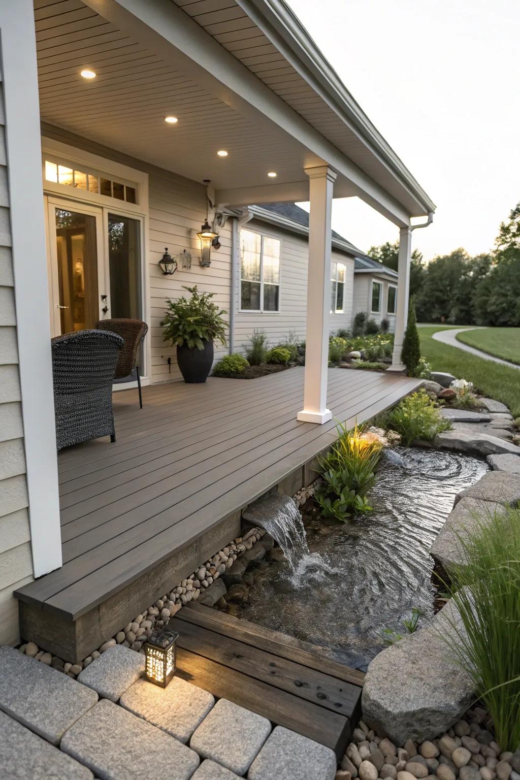 Add tranquility to your porch with a water feature.
