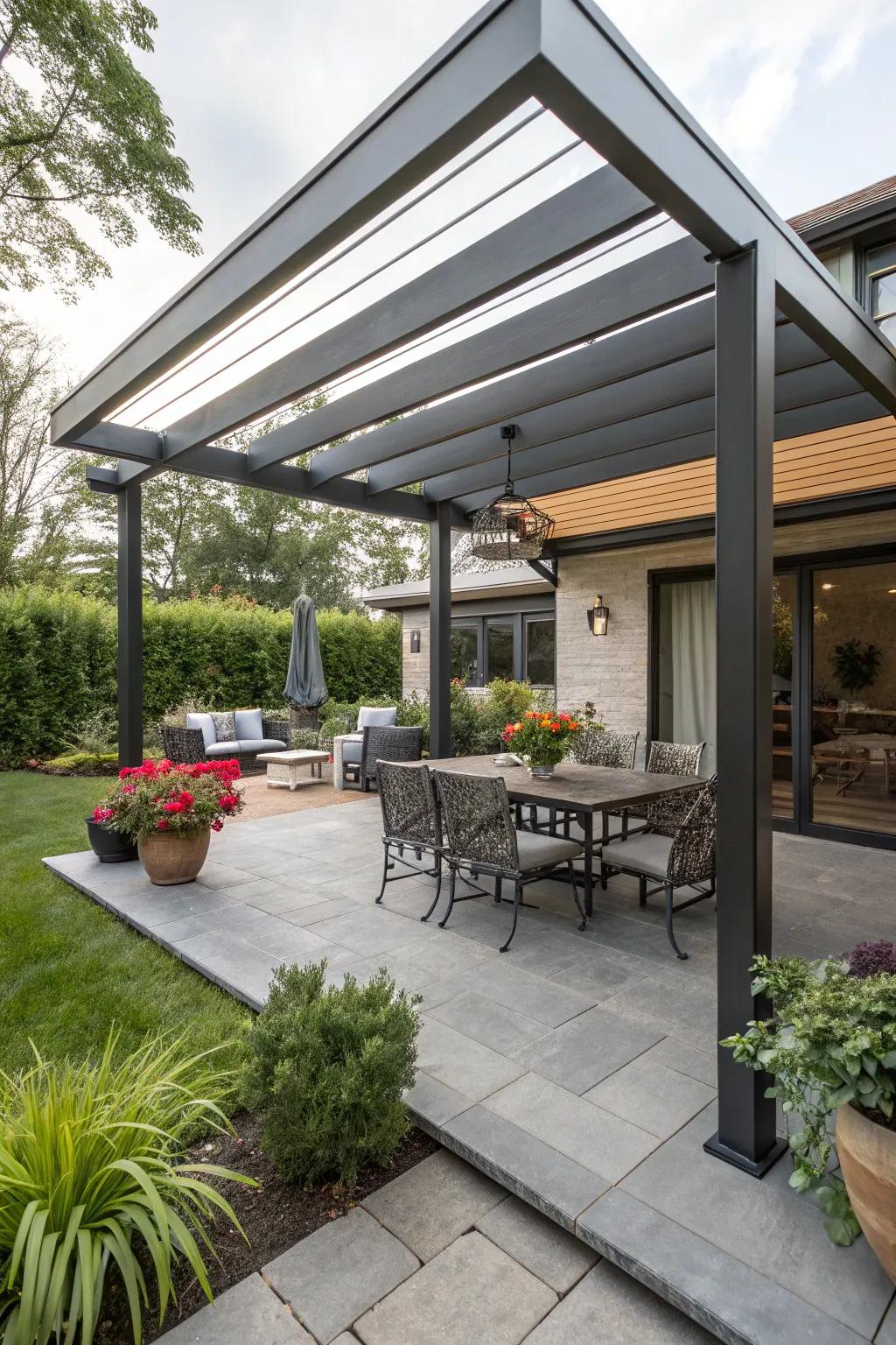 Modern pergola providing a shaded, stylish outdoor spot.