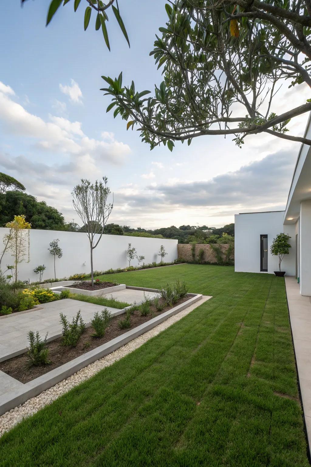 Minimalist, open garden design featuring clean lawns.