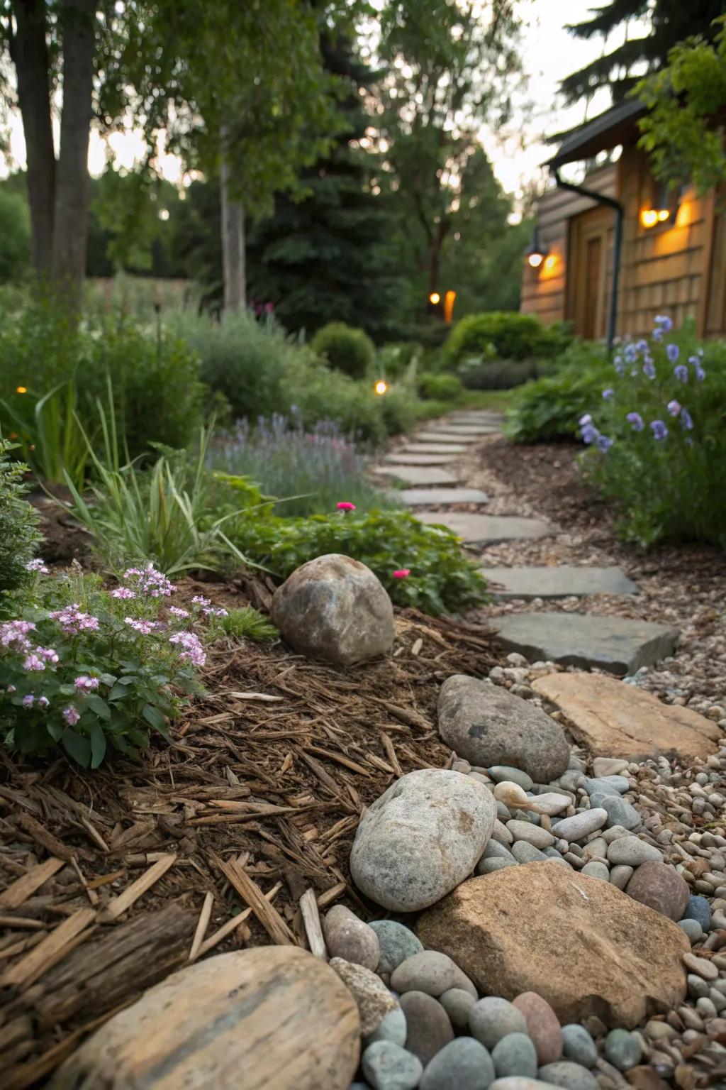 A variety of garden textures combining stone and mulch.