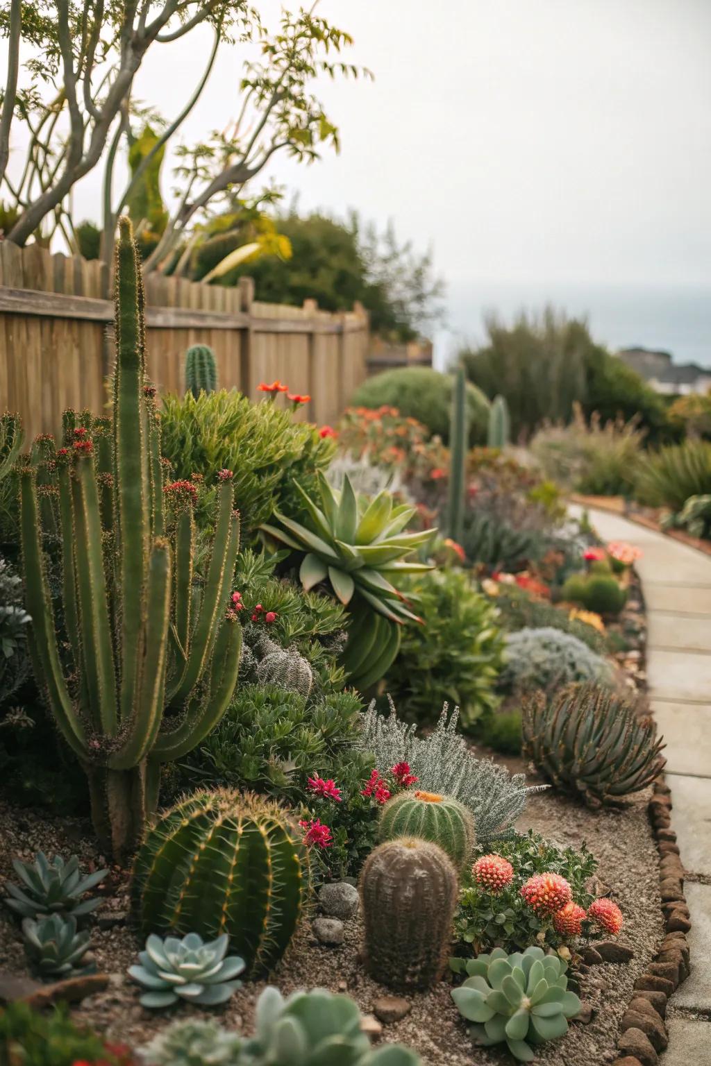 A garden thriving with drought-friendly plants like cacti and succulents.