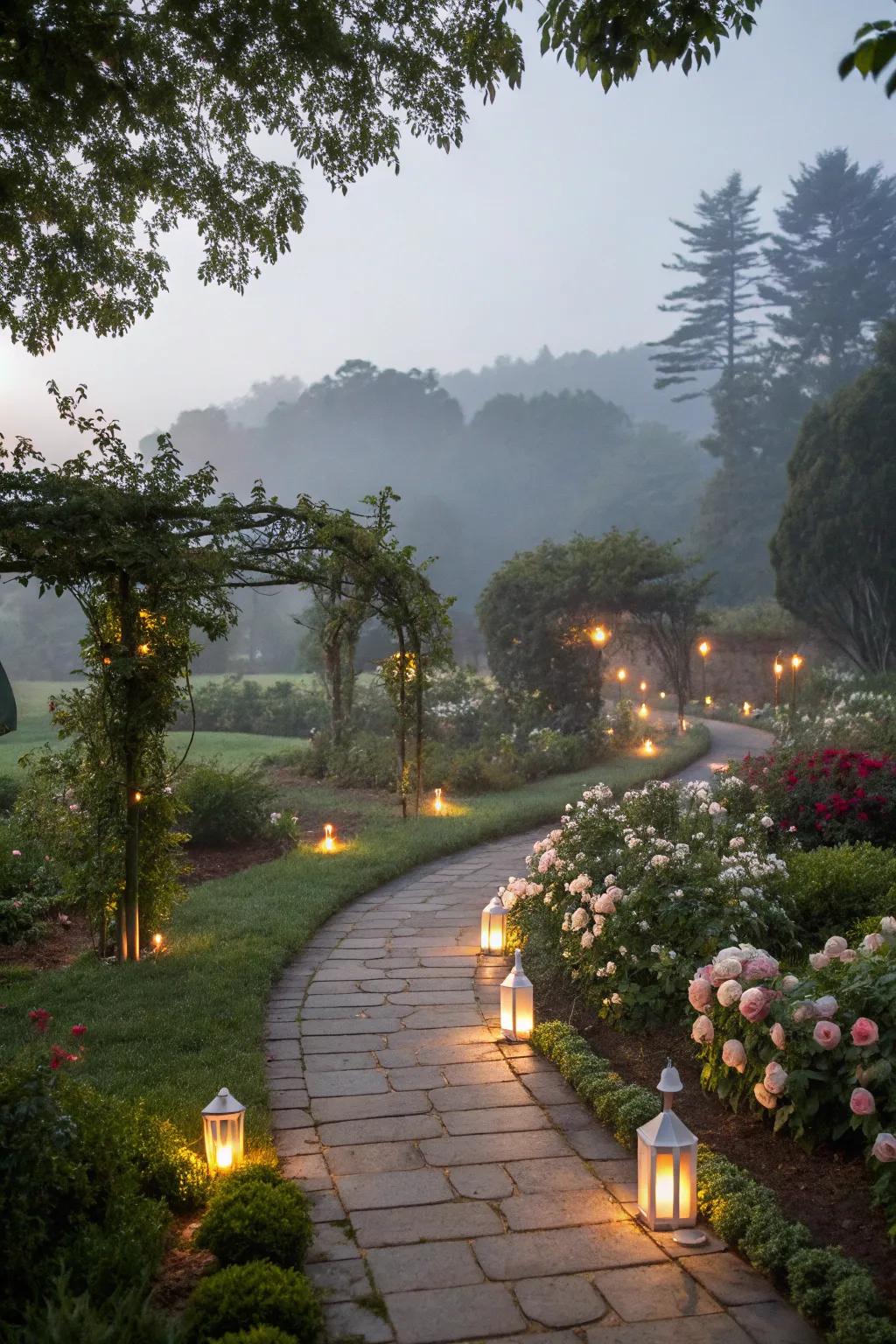 Soft ambient lighting enhances garden beauty after dusk.