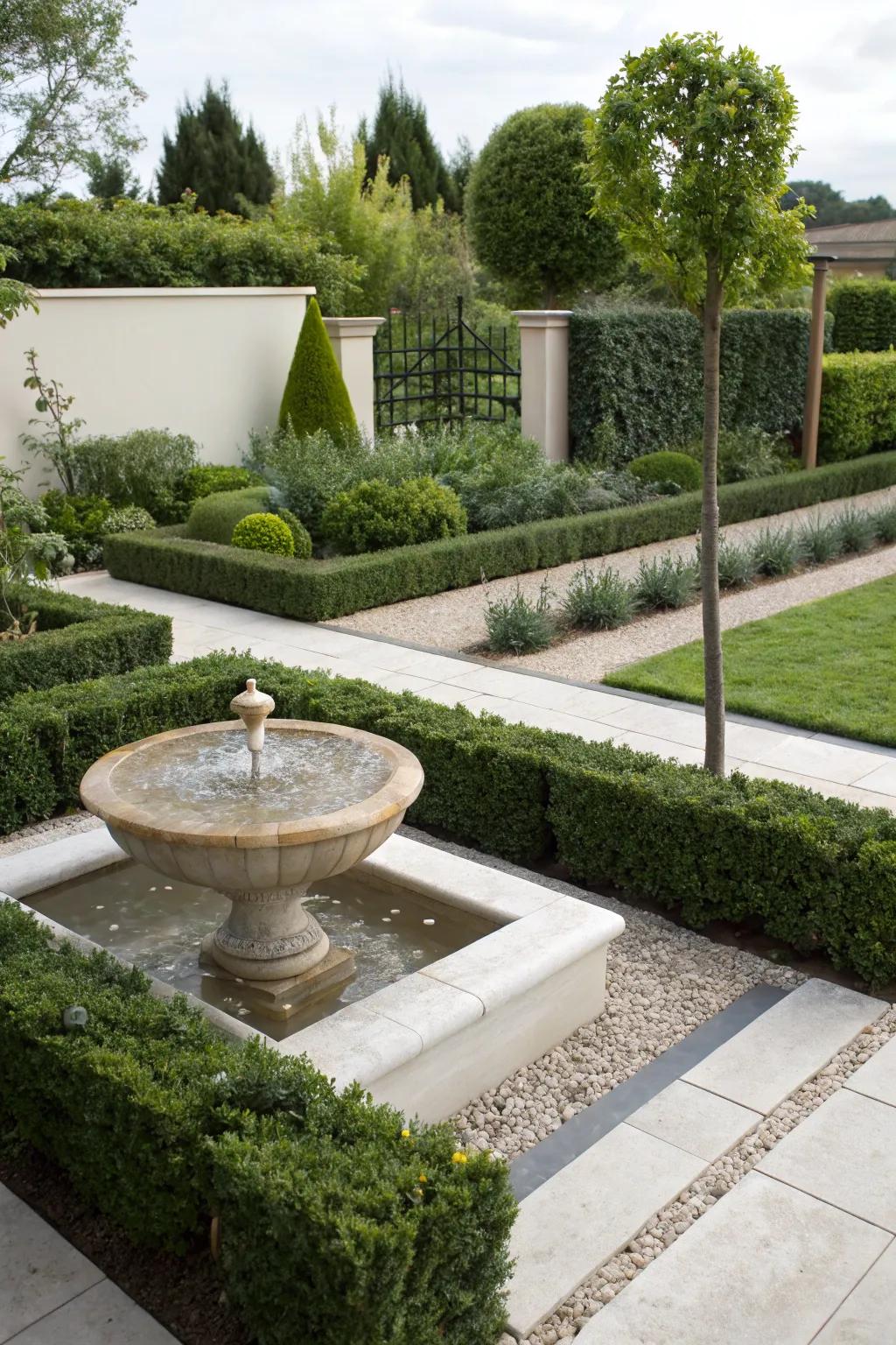 A sleek water fountain introduces tranquility to the outdoor setting.