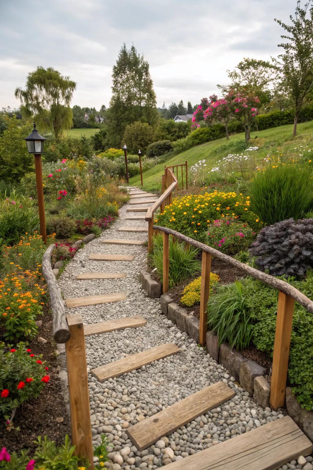 Natural stone and wood elements harmonize with modern landscaping.
