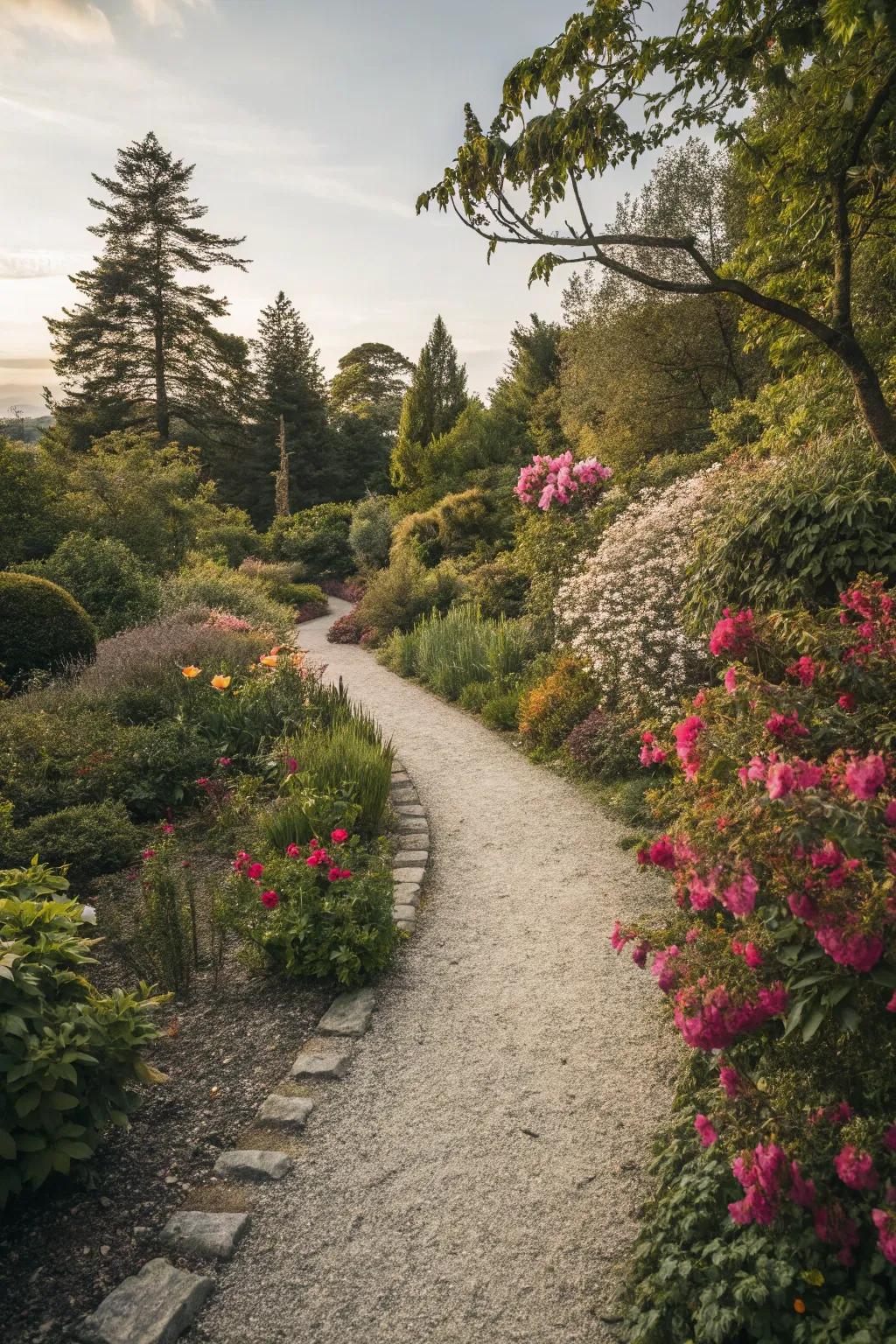 Gravel pathways provide texture and visual contrast in garden landscapes.
