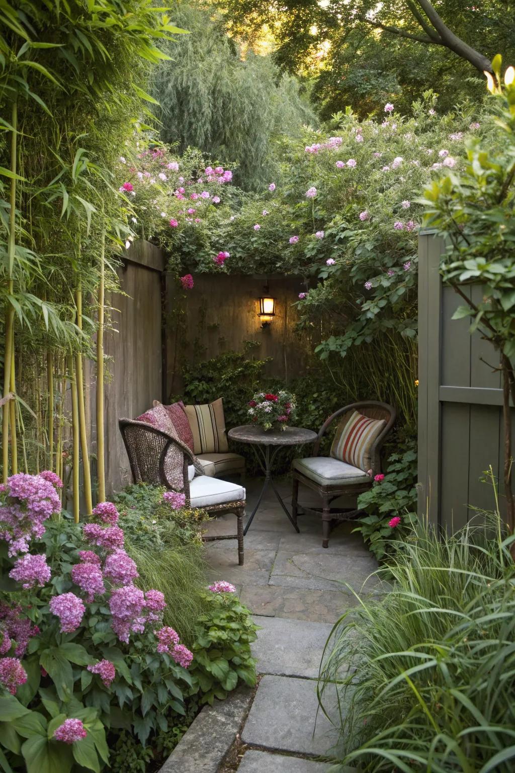 A secluded garden nook creates a peaceful retreat.
