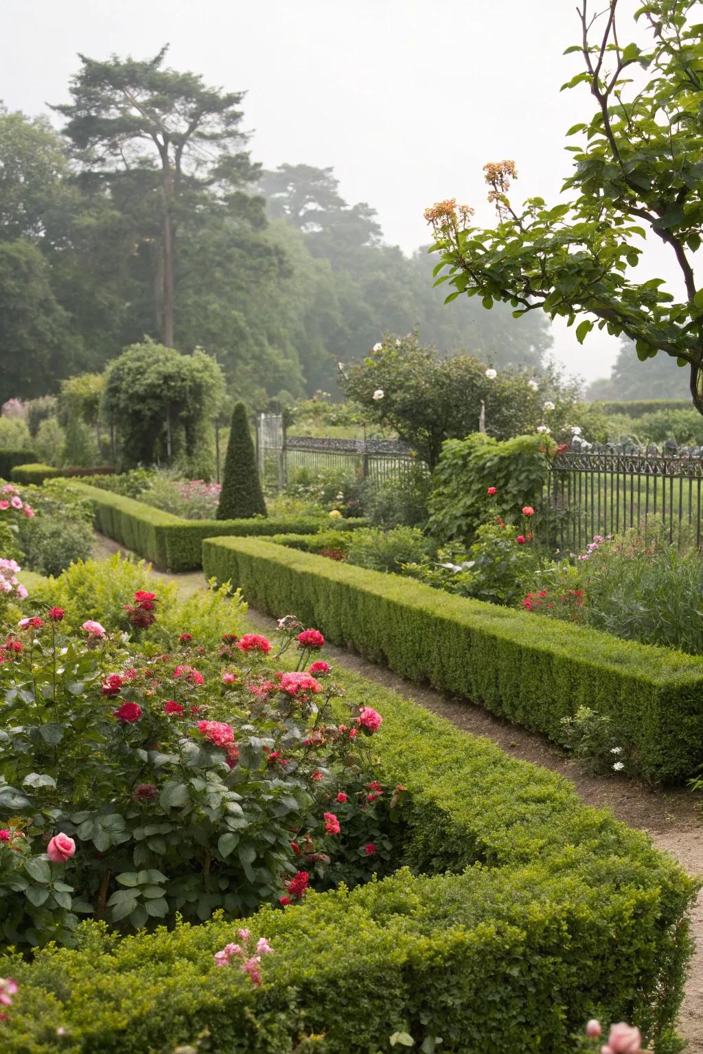 Green hedges and plants create privacy in a garden setting.