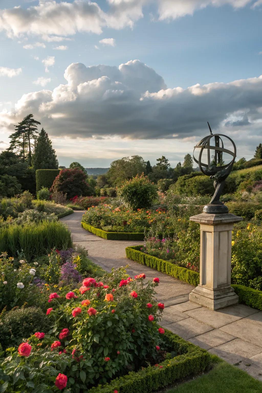 Striking outdoor sculpture in a garden setting.