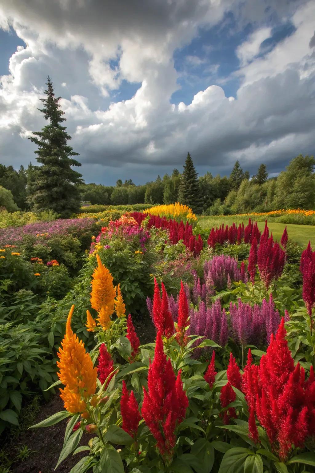 Colorful plants create striking contrast in a modern garden.