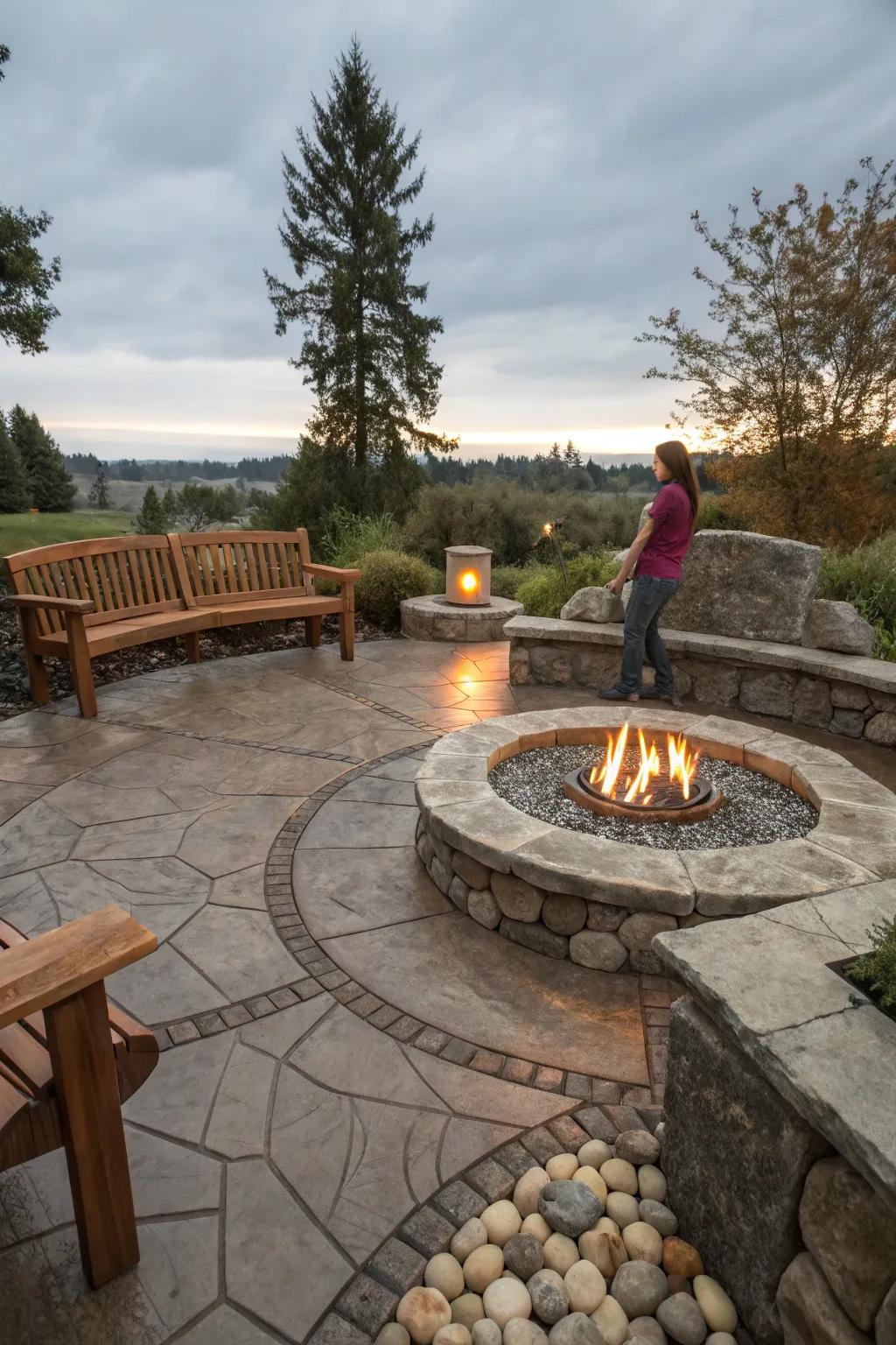 Rustic charm meets modern comfort on this inviting patio with a fire pit.
