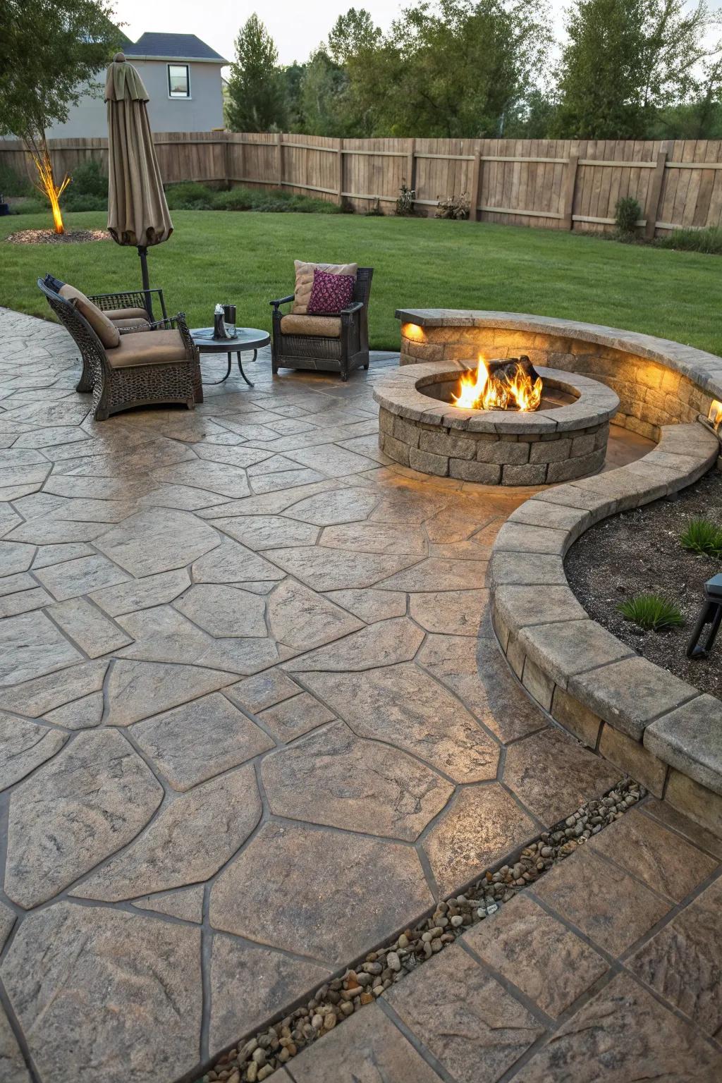 Patterned concrete mimics natural stone for an elegant patio look.