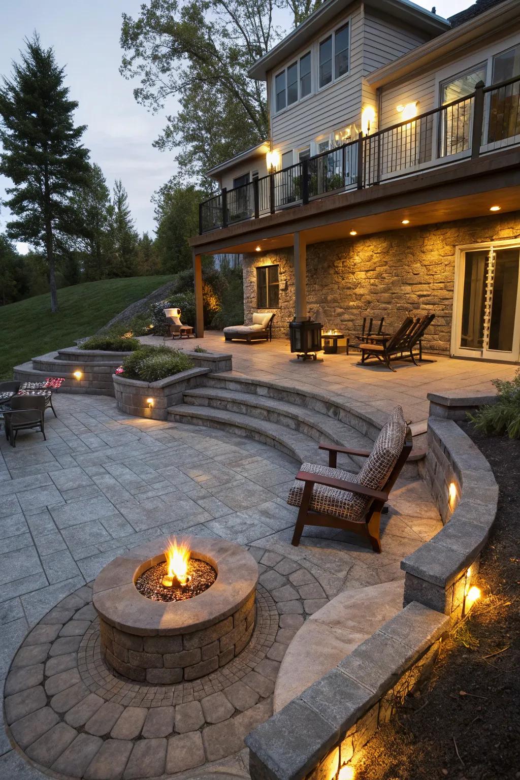 Multi-level patios provide diverse views and seating options around the fire pit.