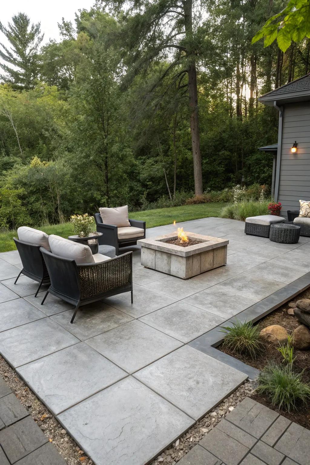 A minimalist patio with a fire pit offers a serene and sophisticated retreat.
