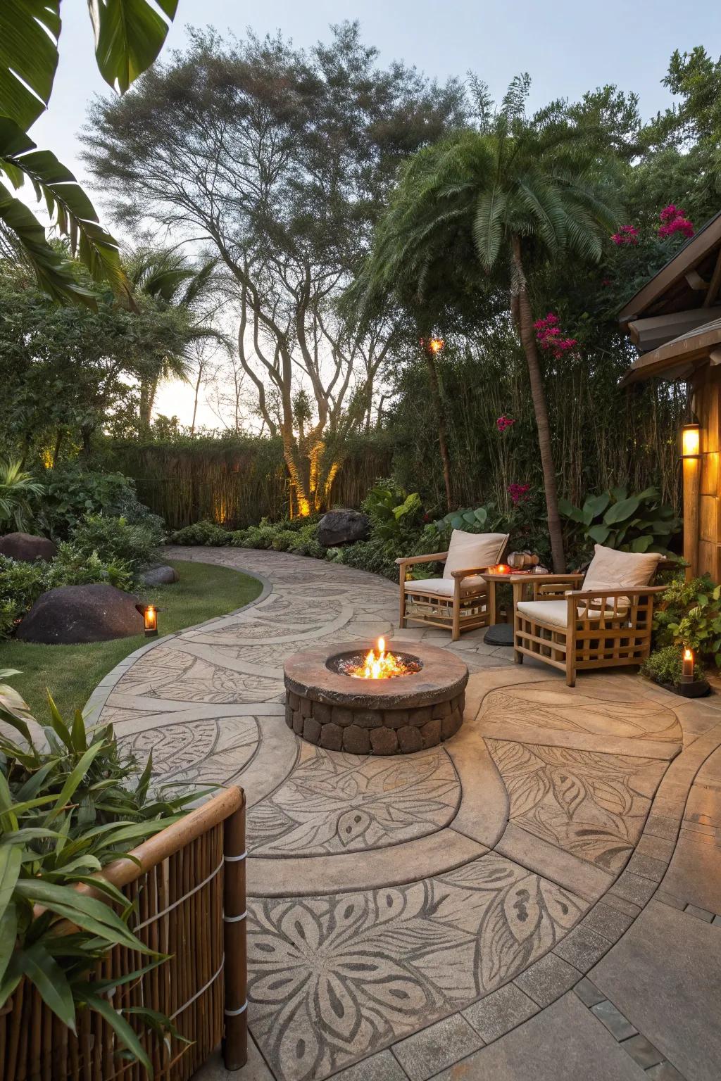 A tropical oasis with a fire pit transforms any backyard into a paradise.