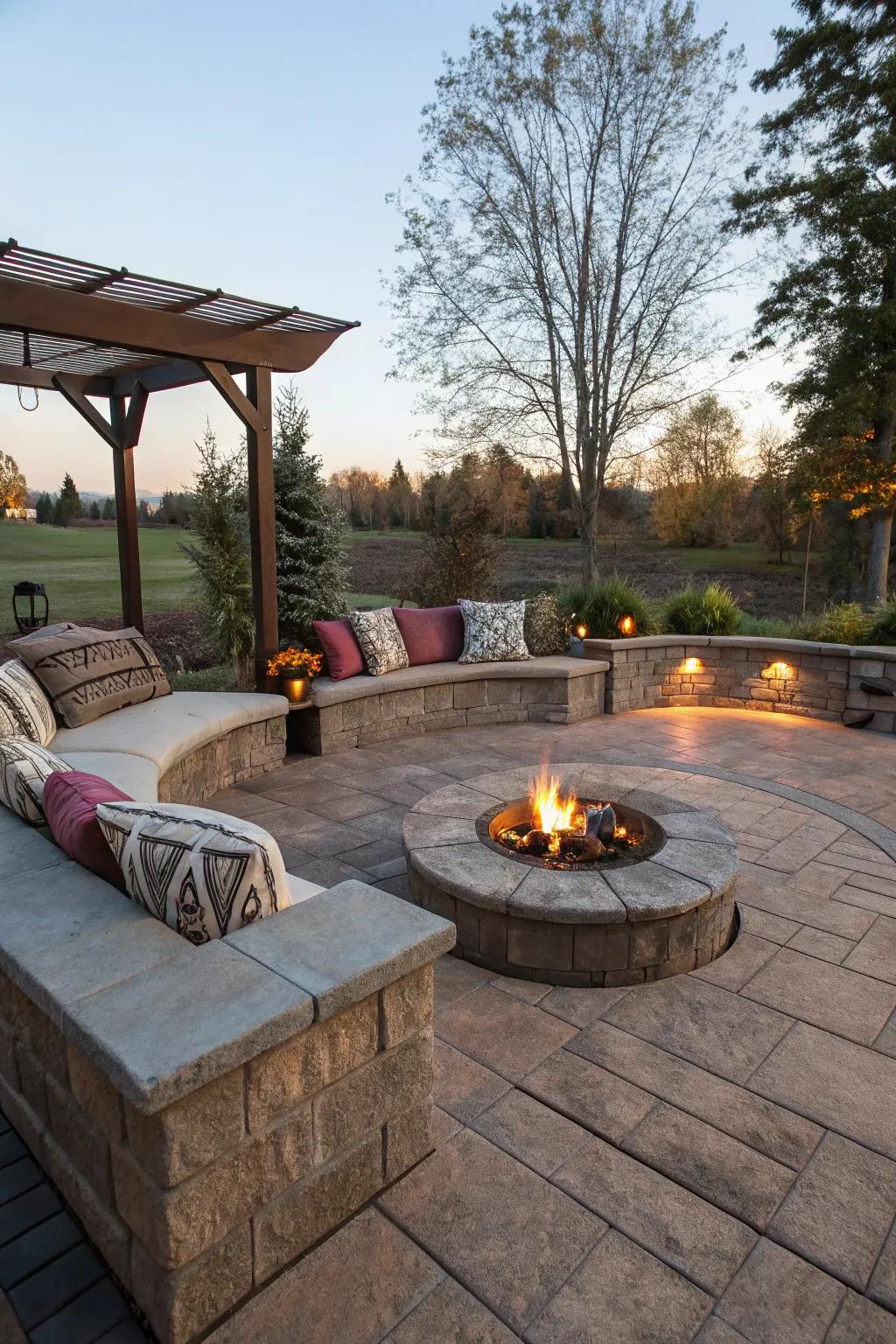 A cozy corner with built-in seating invites relaxation around the fire pit.
