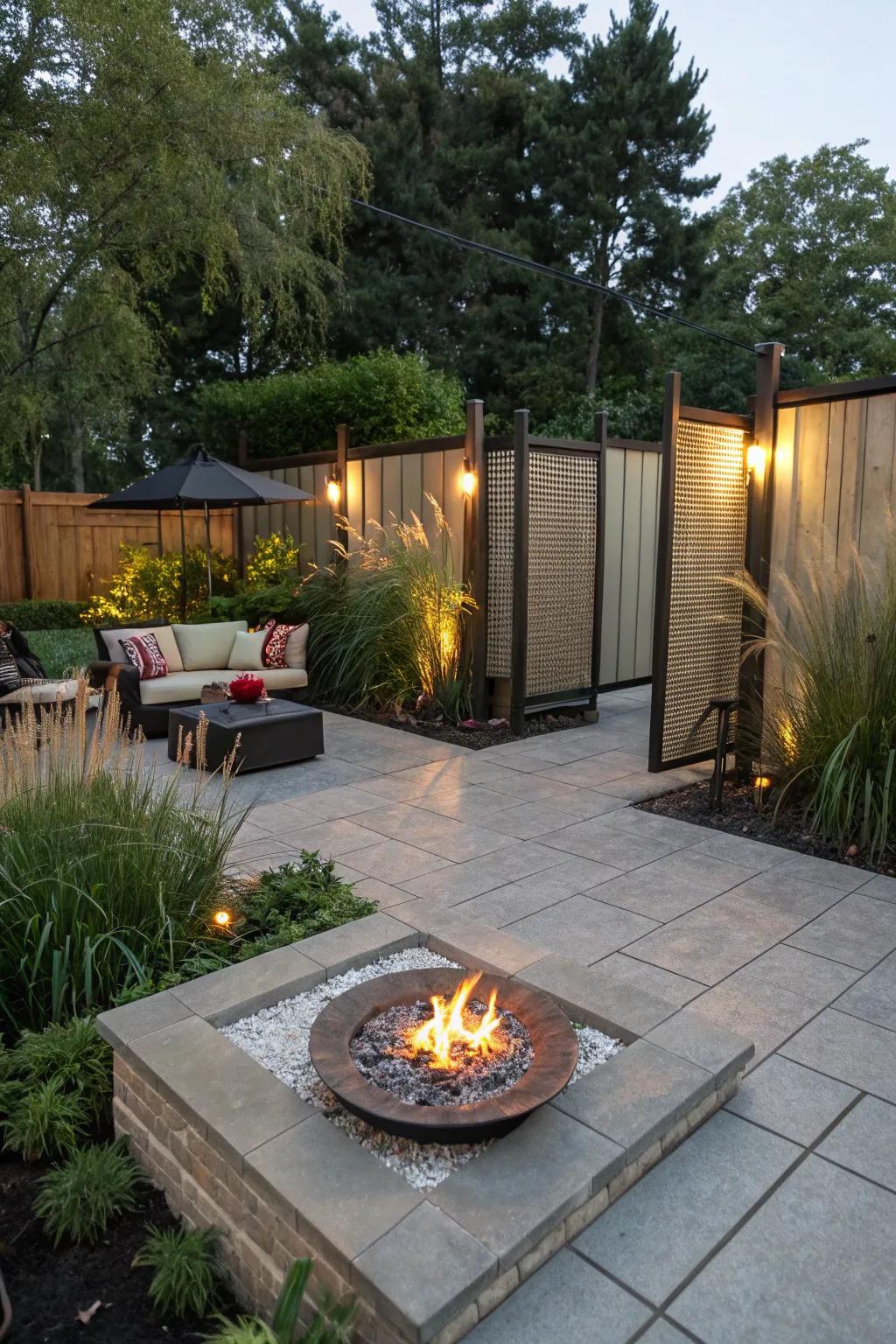 A hidden nook offers privacy and tranquility around the fire pit.