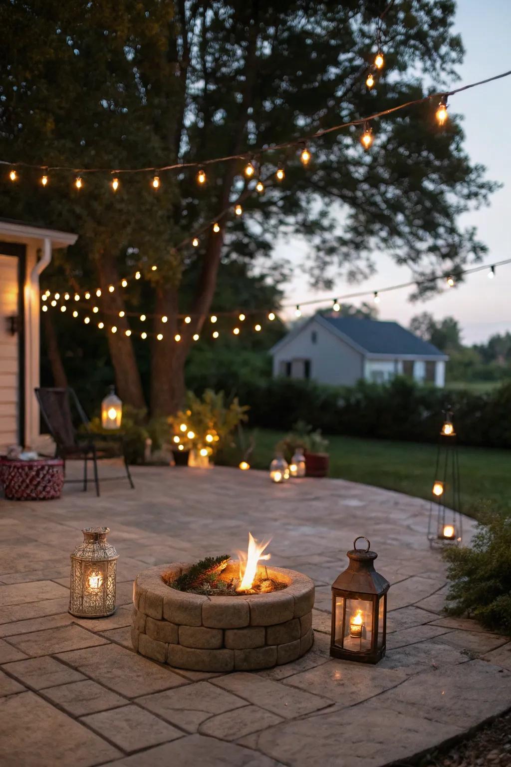 Soft lighting creates a magical nighttime ambiance on the patio.