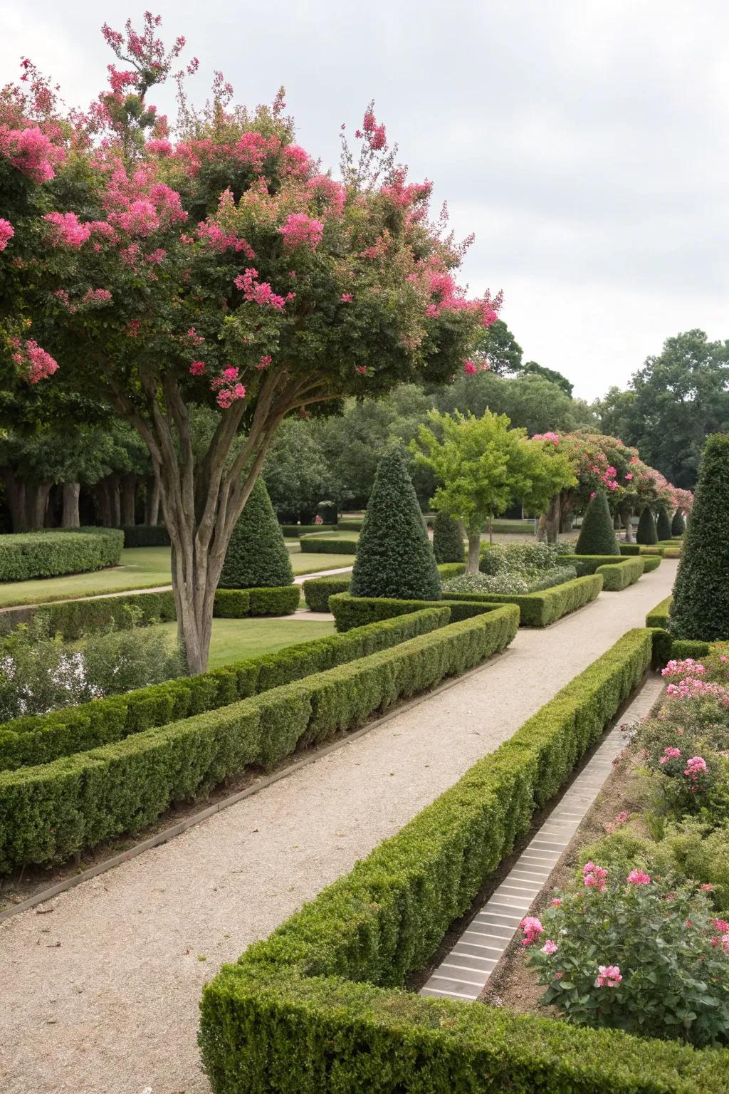 Crepe myrtles add an elegant touch to formal garden designs.