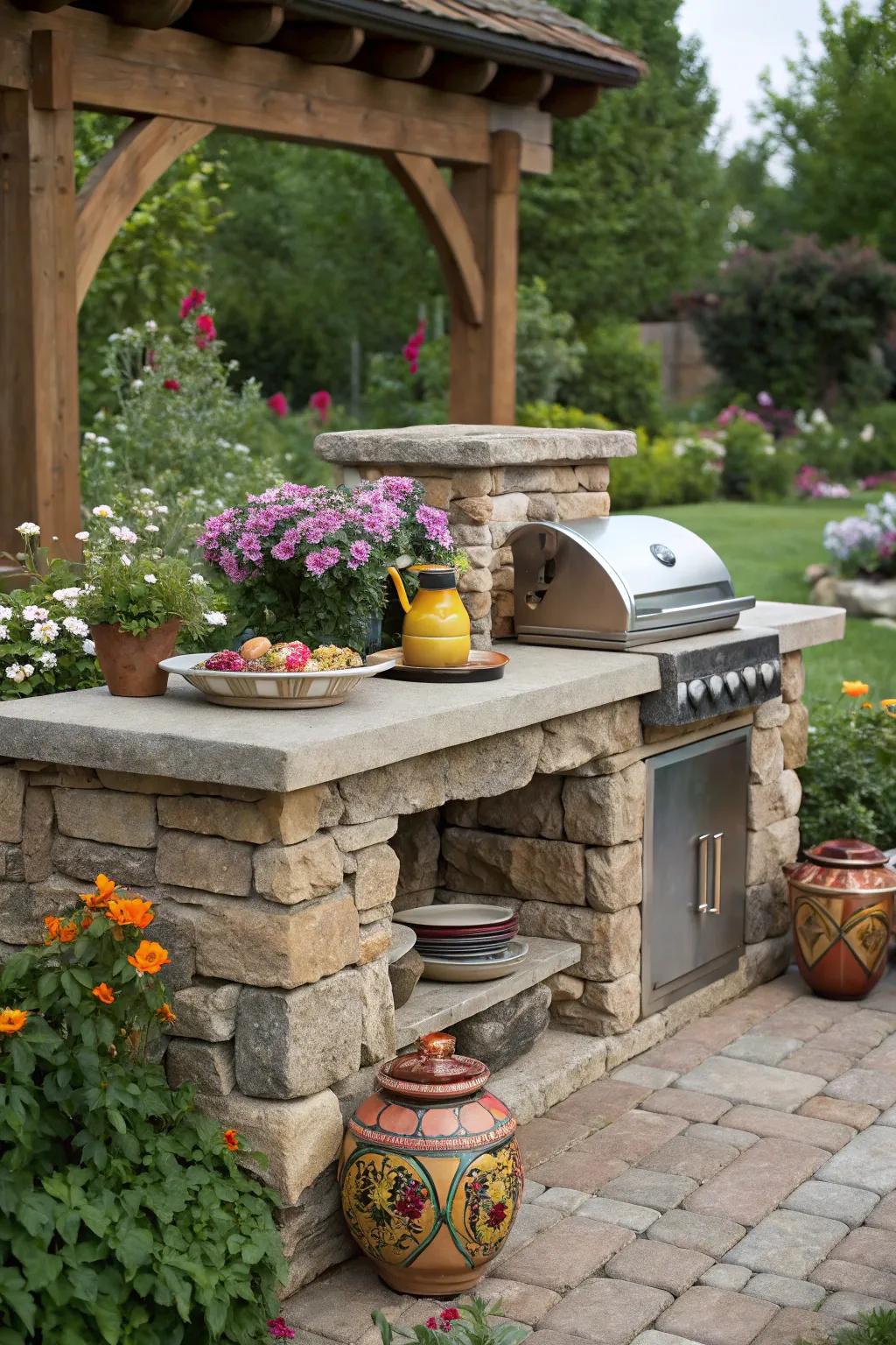 A sophisticated natural stone grill table.