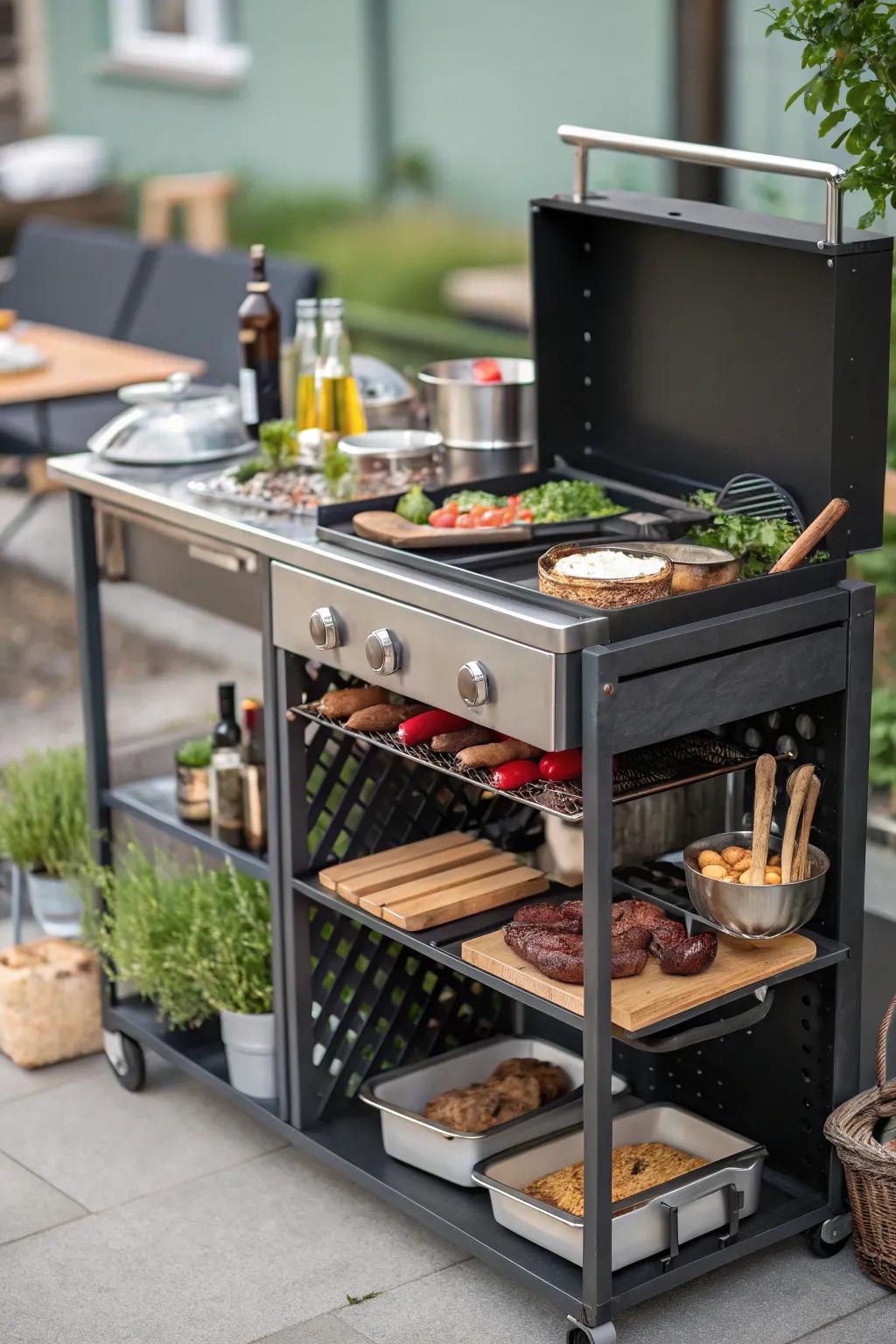 Multi-level grill station to organize tools and ingredients.