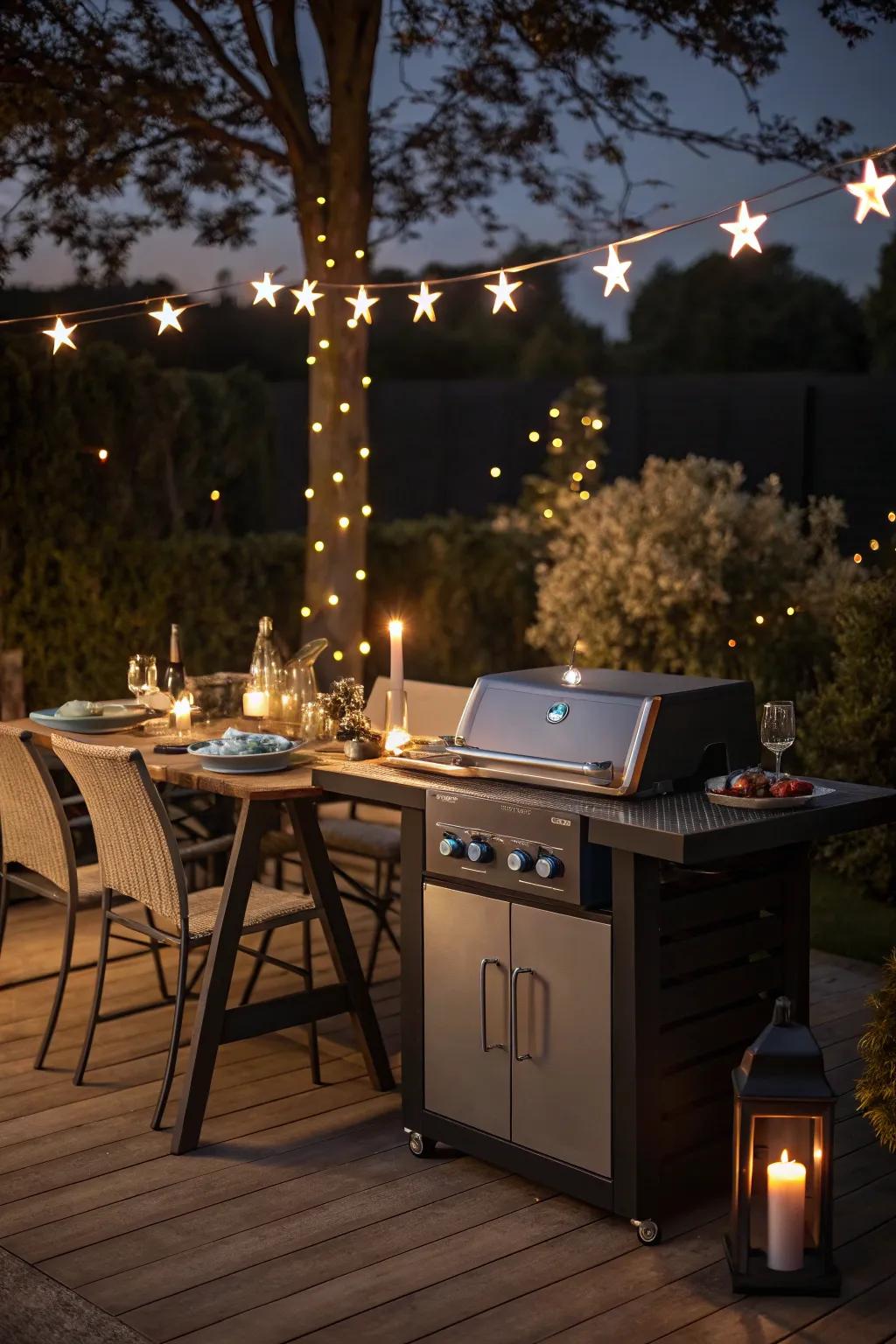 Grill tables with built-in lighting for nighttime cooking.