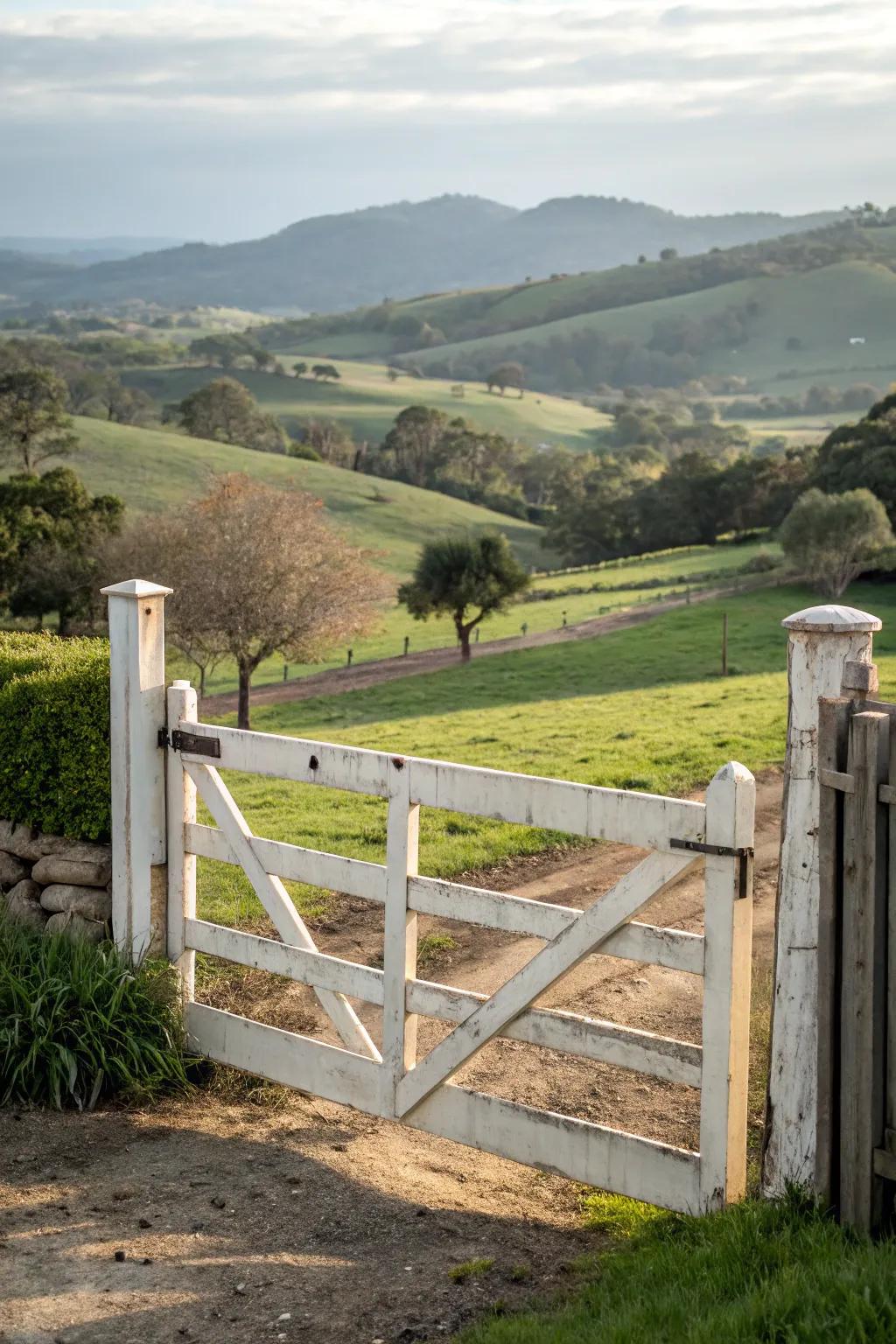 Vinyl gate embodying classic wood aesthetics with low upkeep.