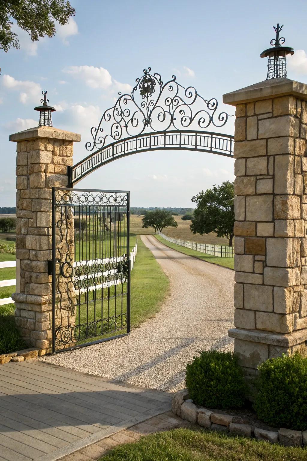 An arched farm gate making an impressive welcome.