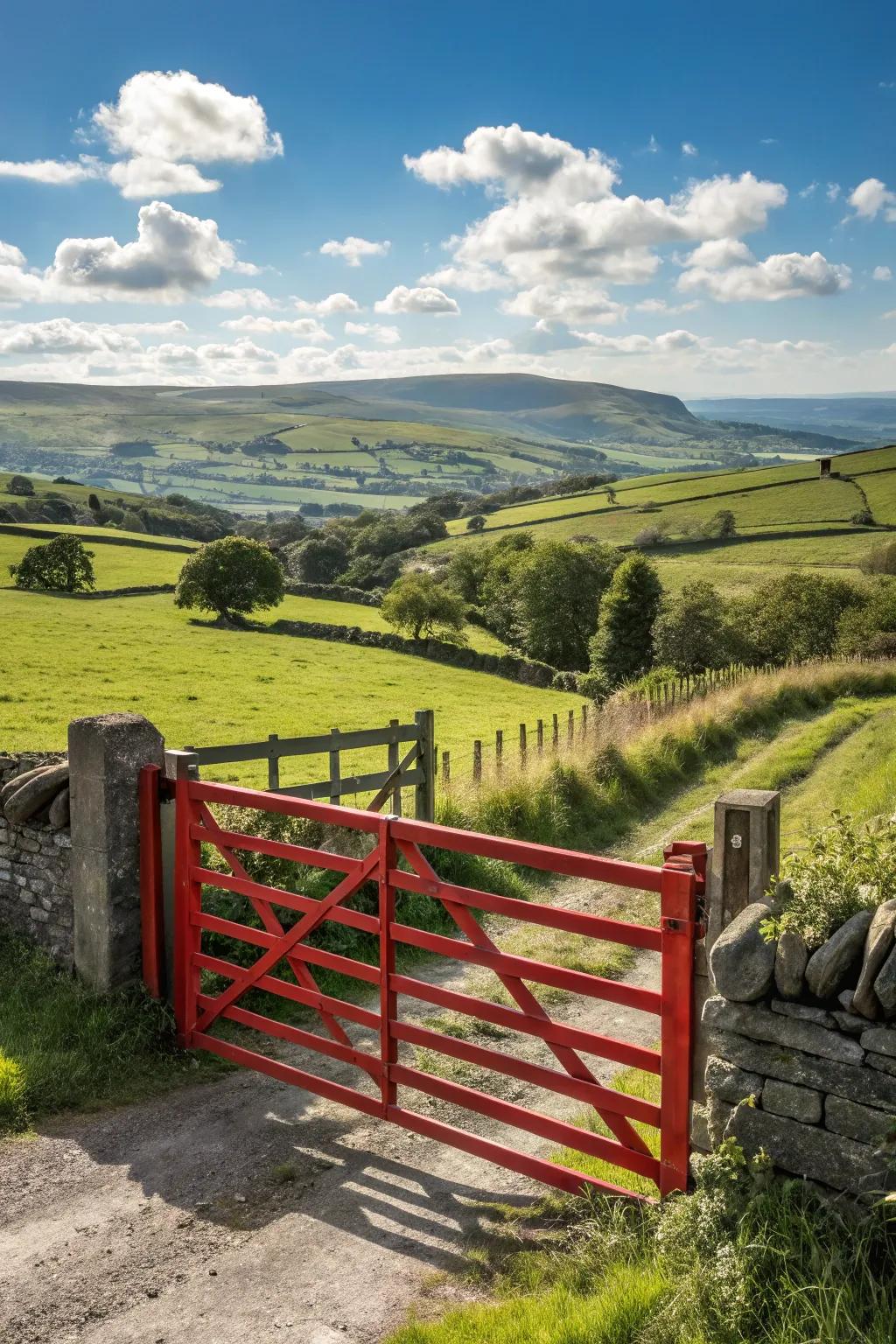 Farm gate painted bright red for eye-catching appeal.