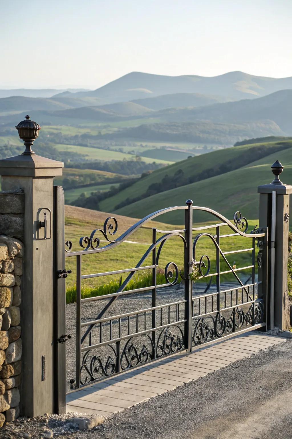 Modern metal gate highlighted by intricate wrought iron patterns.