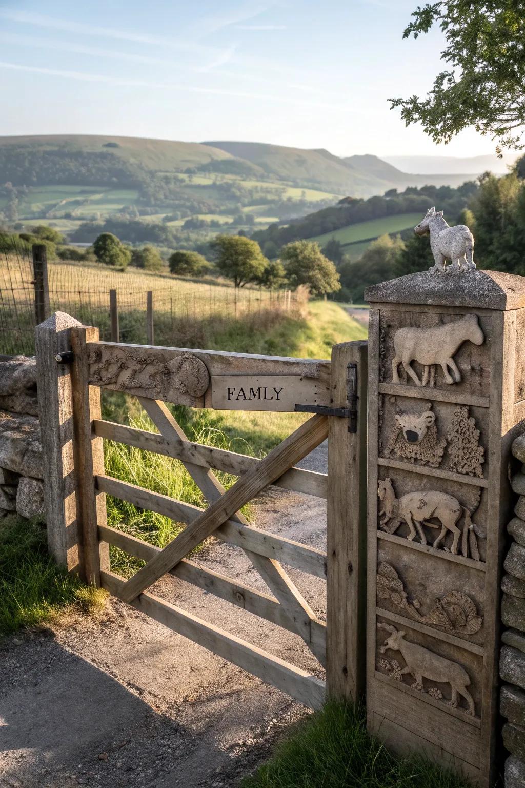 Hand-carved wooden gate reflecting personalized farm branding.