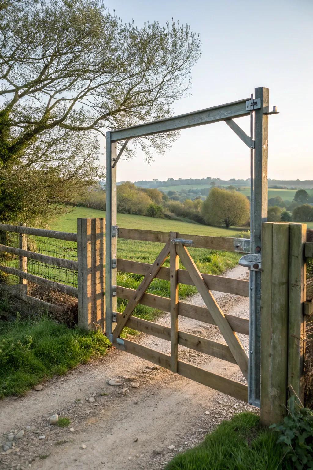 Gate combining rustic timber and sleek metal framing.