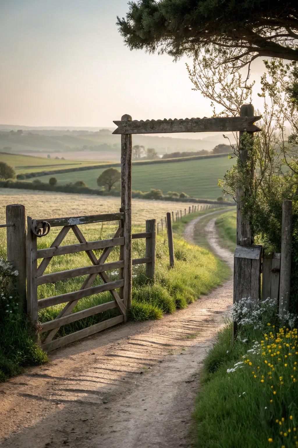 Classic wooden swing gate harmonizing function and rustic design.