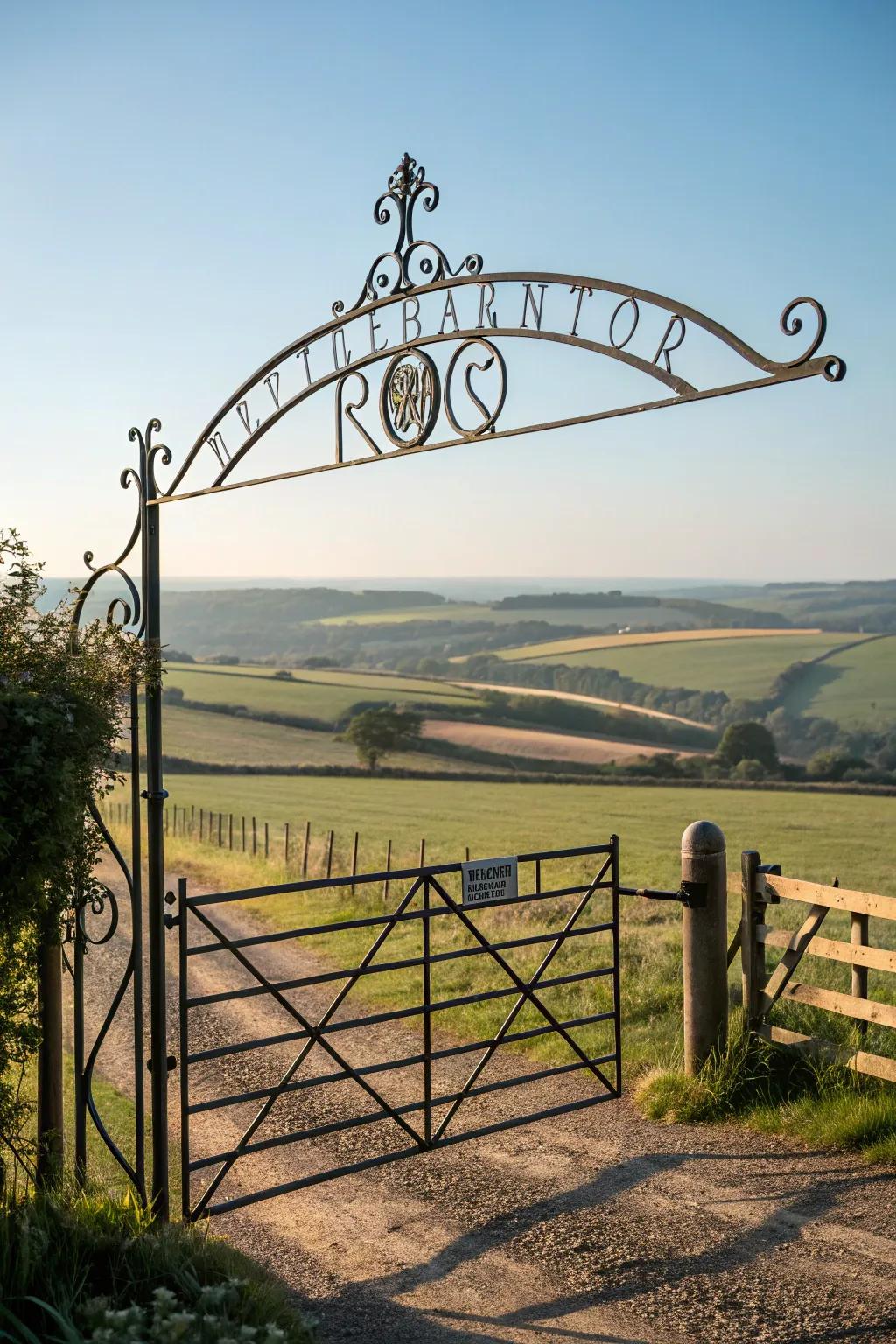 Personalized gate header featuring farm name and design.
