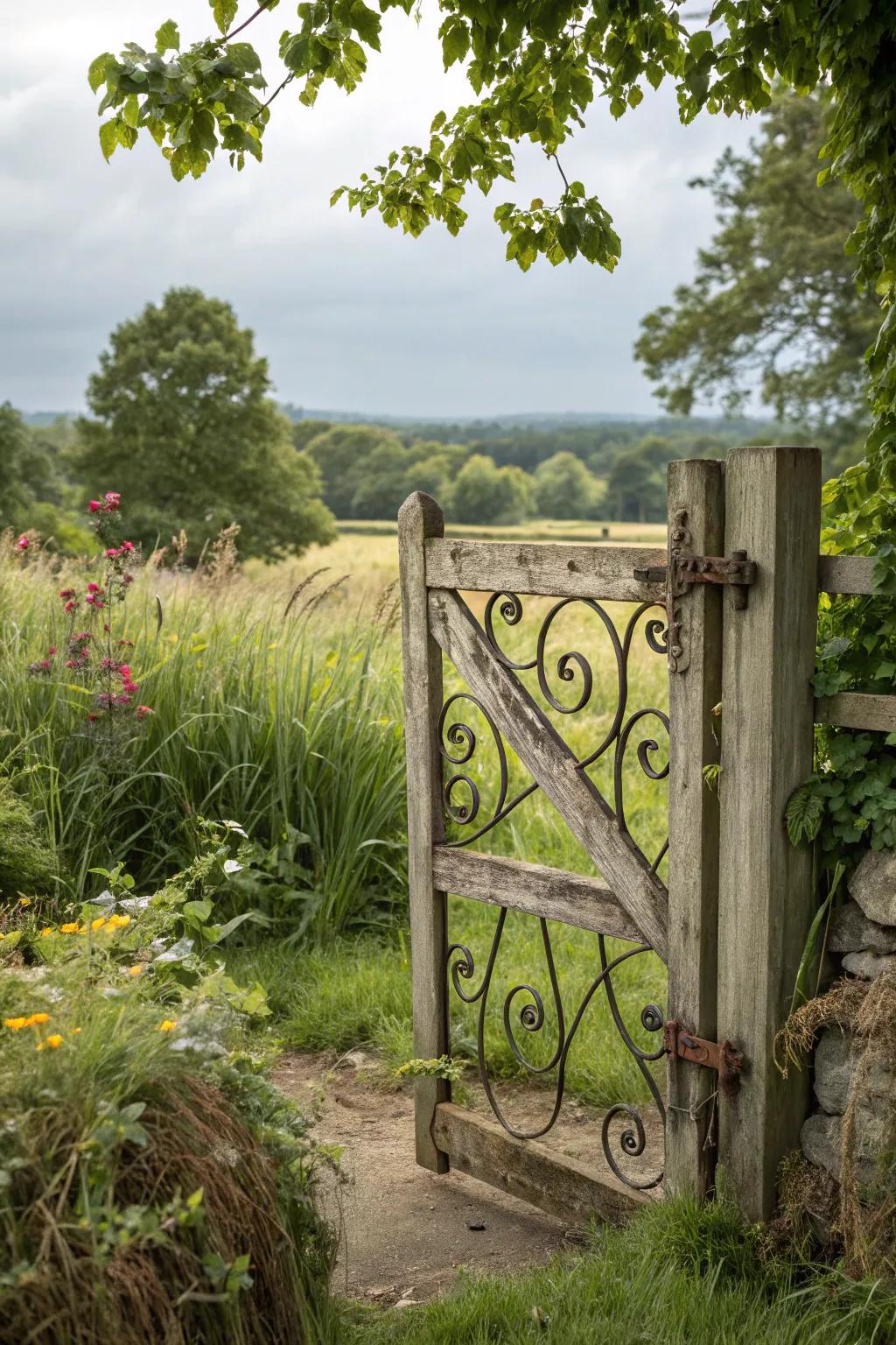 Wooden farm gate enhanced with rustic iron inserts for style.